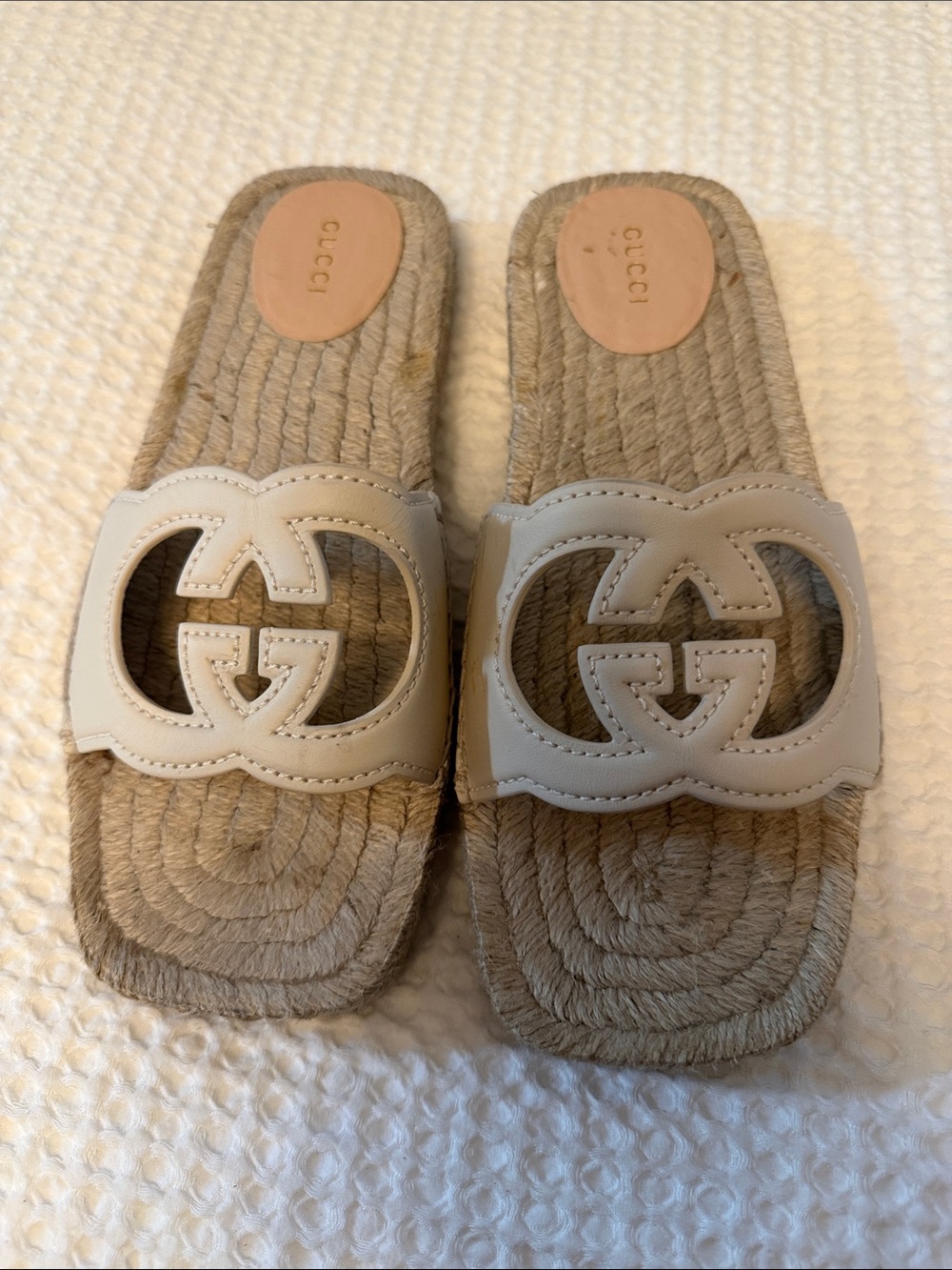 Gucci Cream Leather Double-G Espadrille Slide Sandals